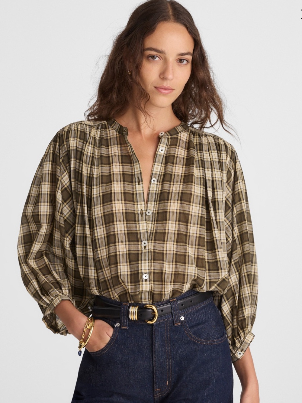Madewell Balloon-Sleeve Plaid Top